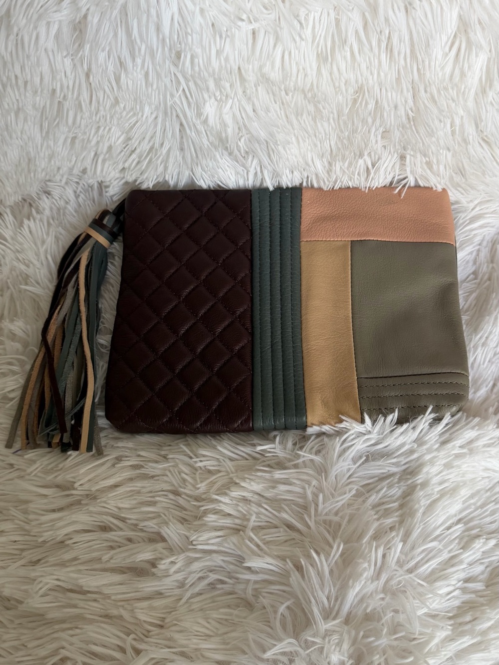 NWOT Margot Genuine Leather Quilted Neutral Colorblock Clutch Pouch Bag